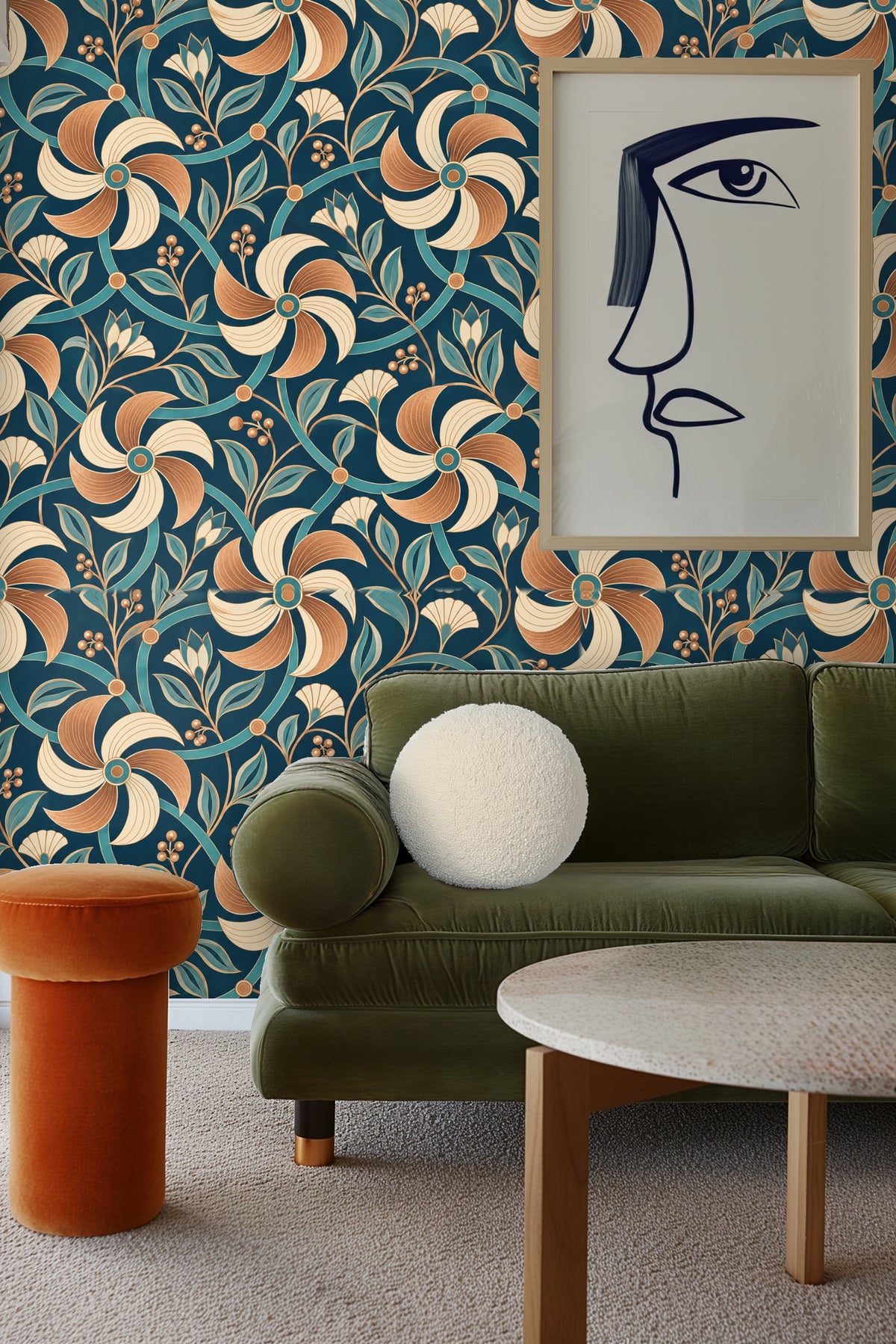 Wall wallpaper viewed from angle highlighting scale of pinwheel flowers