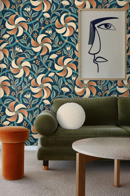 Wall wallpaper viewed from angle highlighting scale of pinwheel flowers