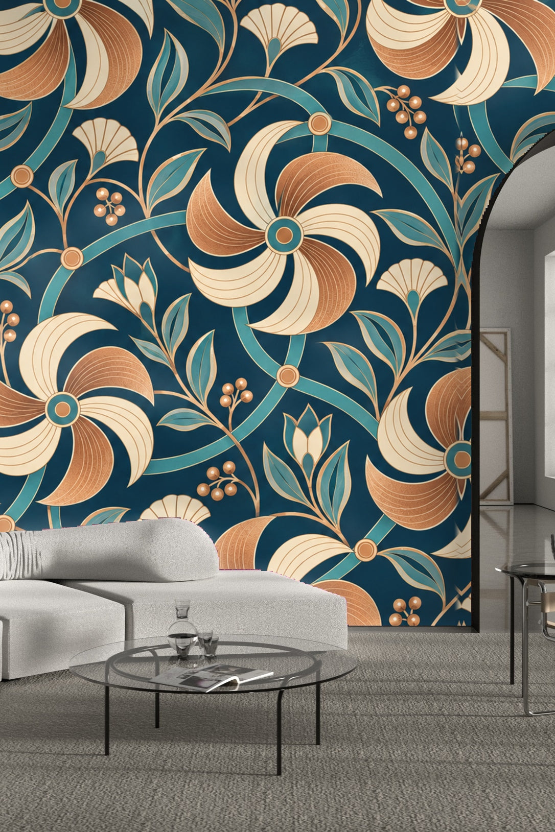 Artistic focus on the contrast between deep teal background and metallic copper petals