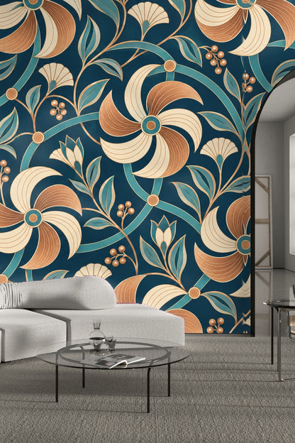 Artistic focus on the contrast between deep teal background and metallic copper petals