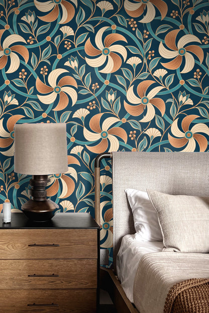 Close-up detail of copper and cream pinwheel flower motif on teal lattice wallpaper