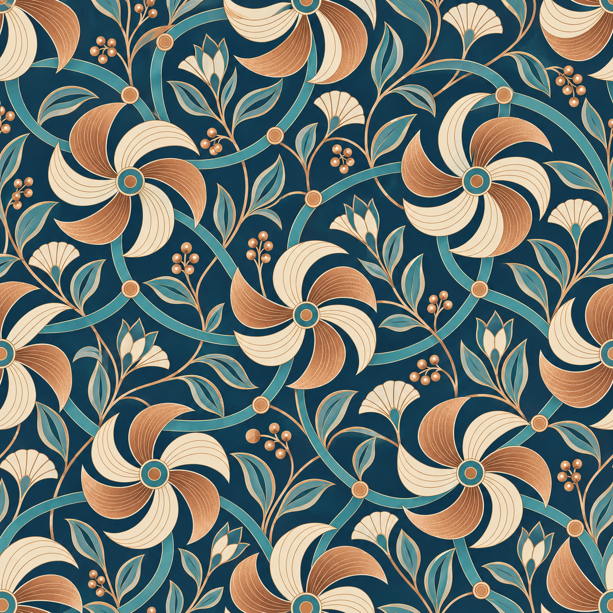 Decorative pattern of stylized floral pinwheels set against a rich teal backdrop