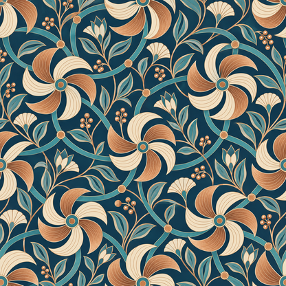 Decorative pattern of stylized floral pinwheels set against a rich teal backdrop