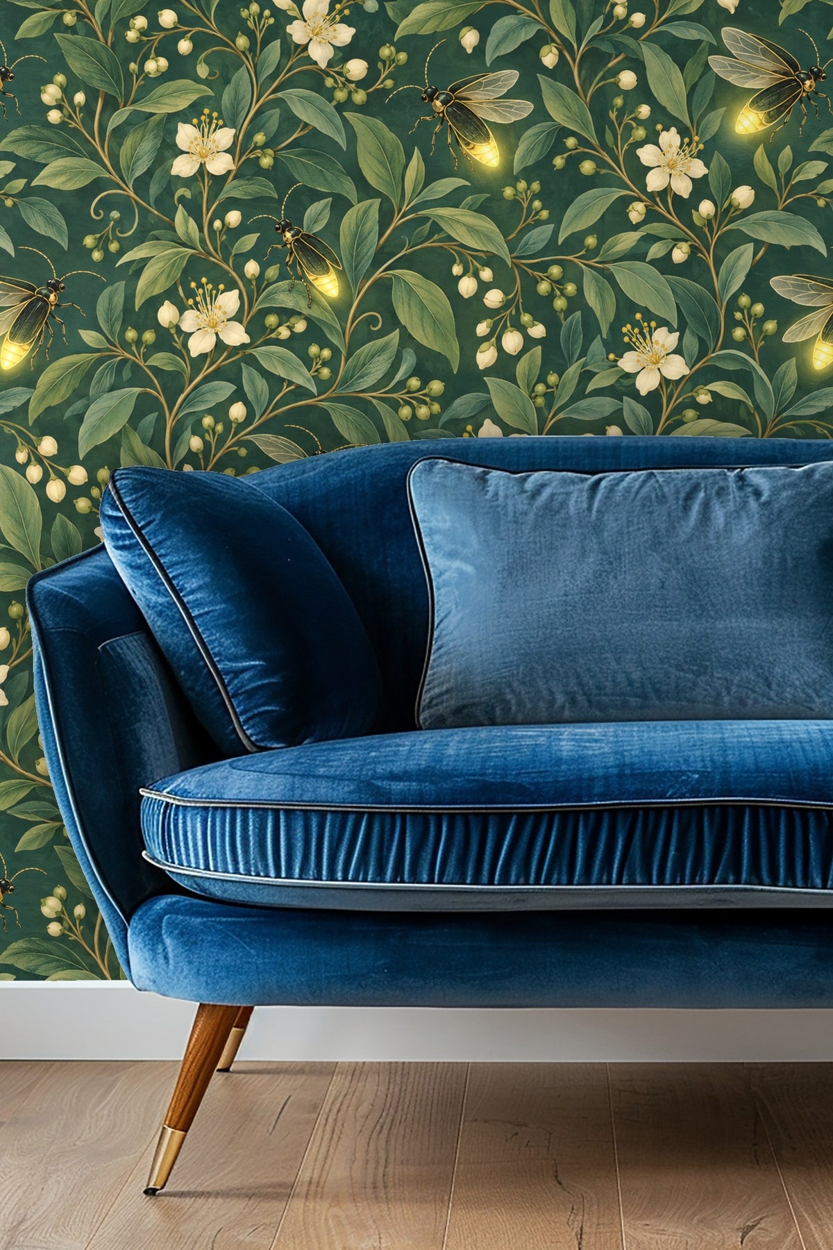Wallpaper pattern of green leaves, white blossoms, and glowing fireflies on a teal background
