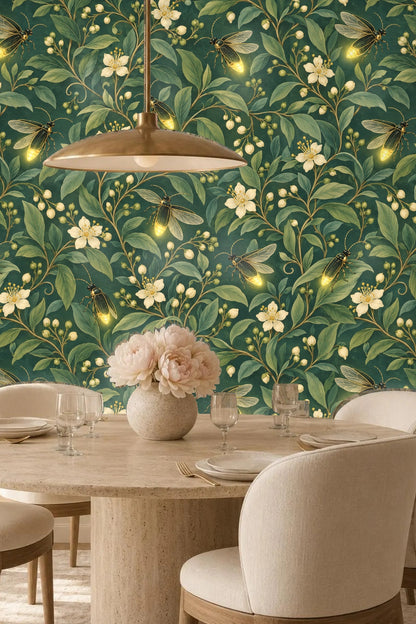 Fireflies positioned within floral clusters glowing warmly
