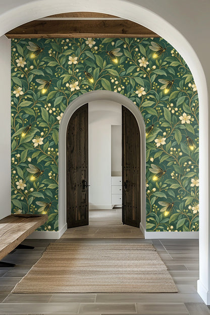 Laundry room wall with green botanical wallpaper featuring white flowers and illuminated fireflies