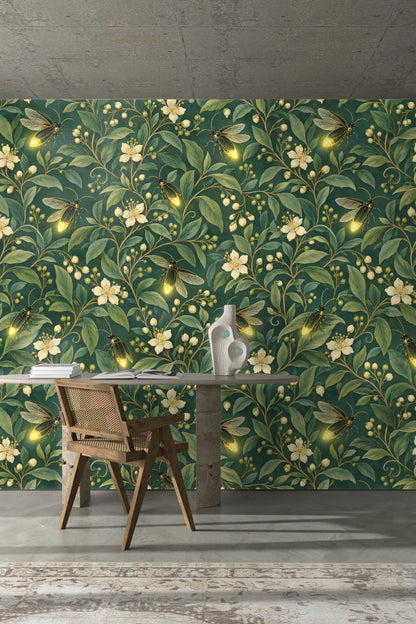 Buds and unopened white blossoms as part of the wallpaper motif