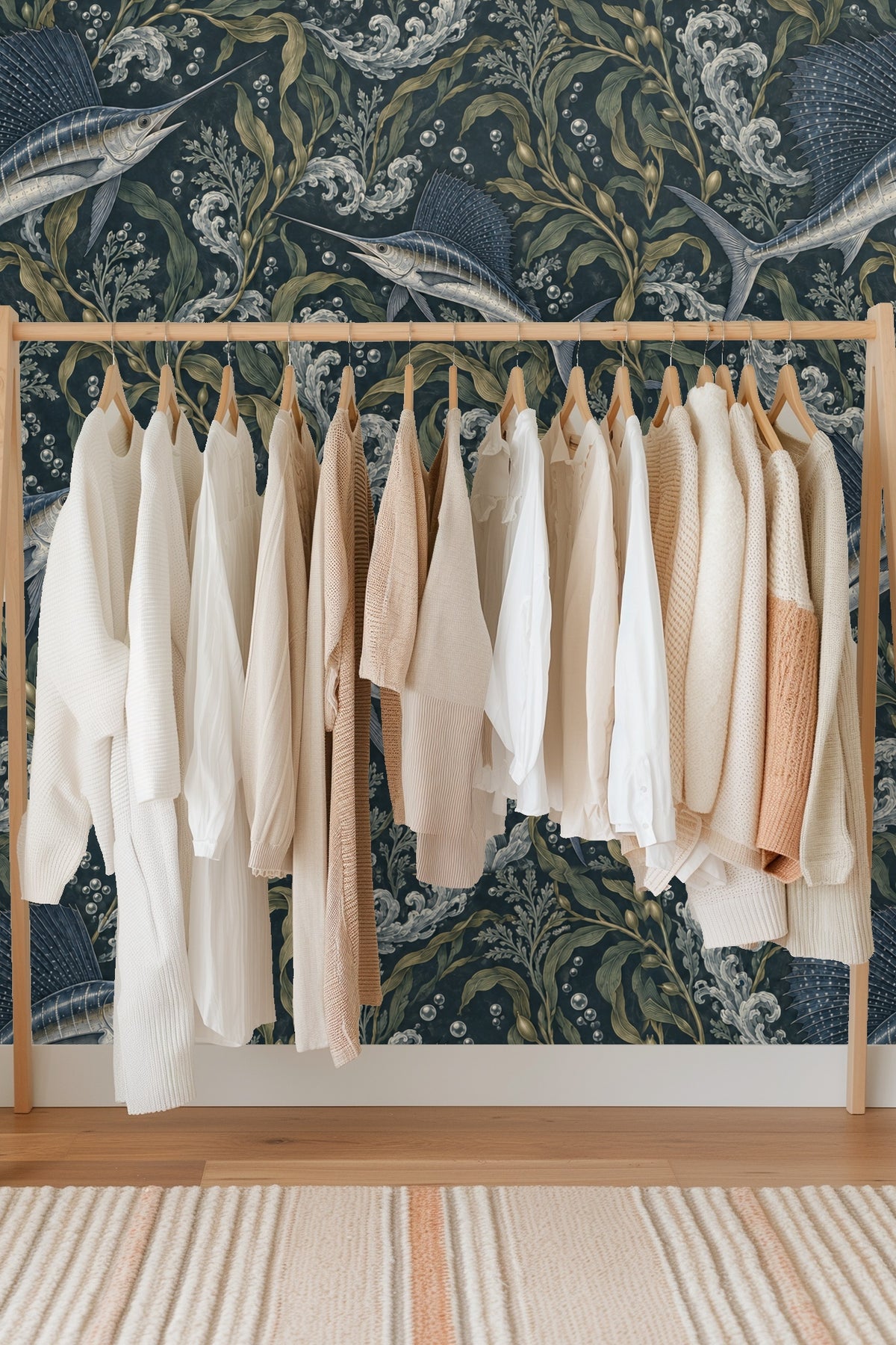 Decorative seaweed and bubble elements in shades of olive and grey against navy backdrop.