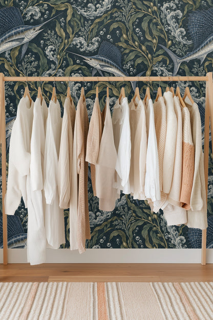 Decorative seaweed and bubble elements in shades of olive and grey against navy backdrop.