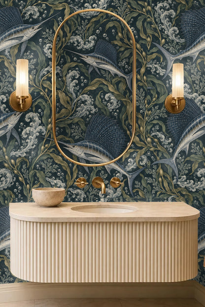 Flowing layout of maritime life motif with precise line work and vintage style.