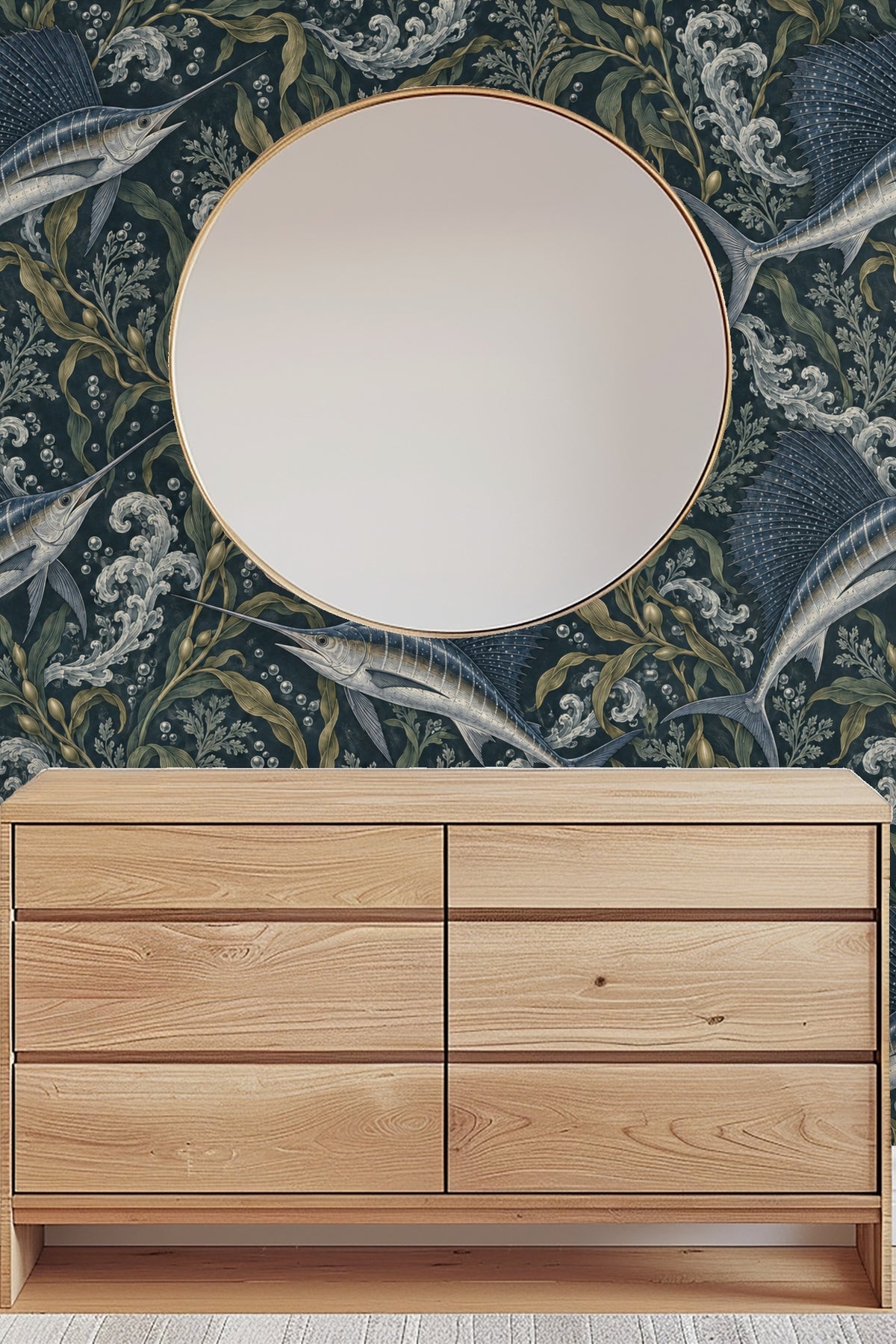 View of wallpaper applied behind white oval sink and brass tap set.