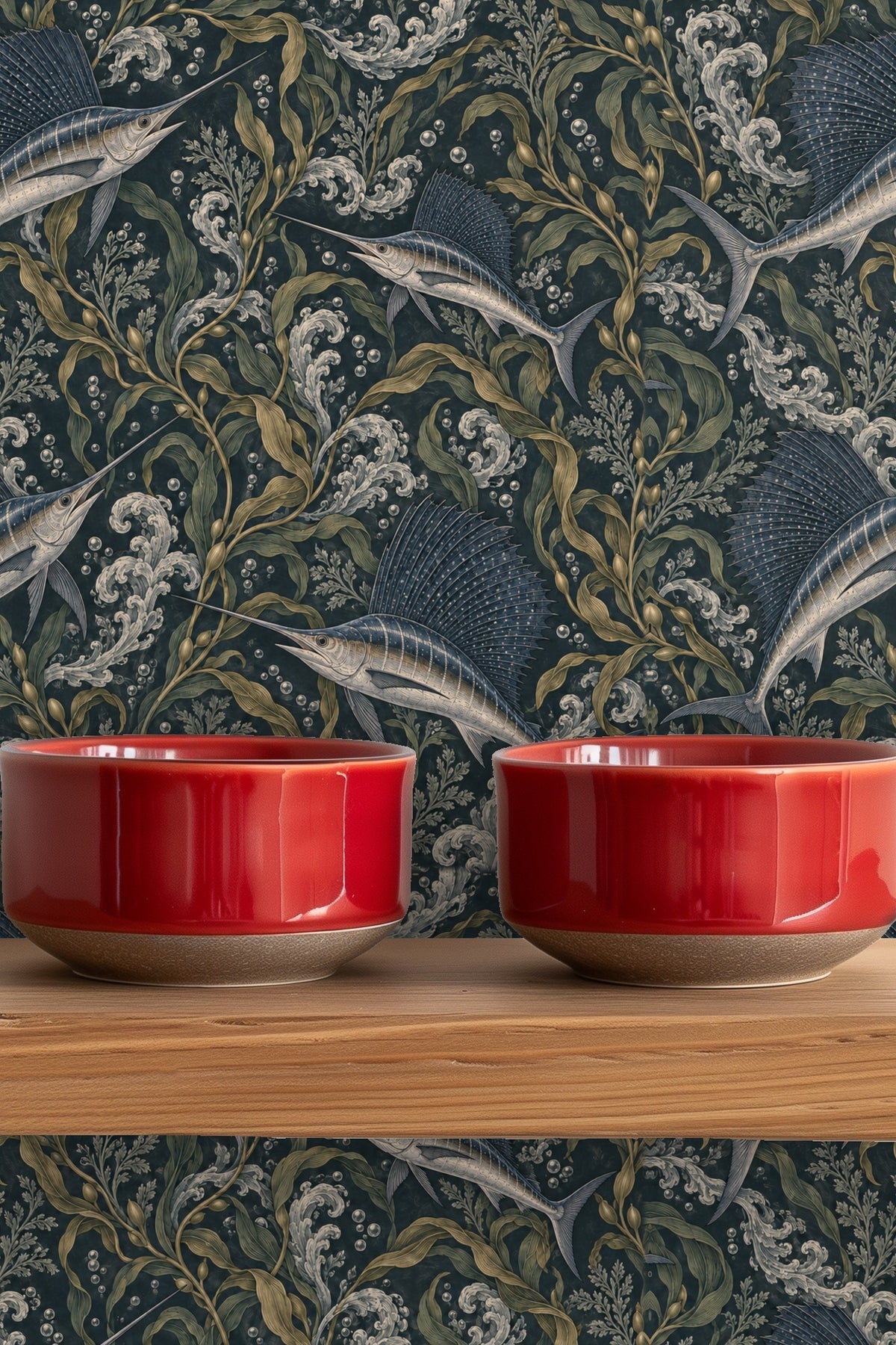 Artistic splash and curling wave designs interspersed with aquatic plants.