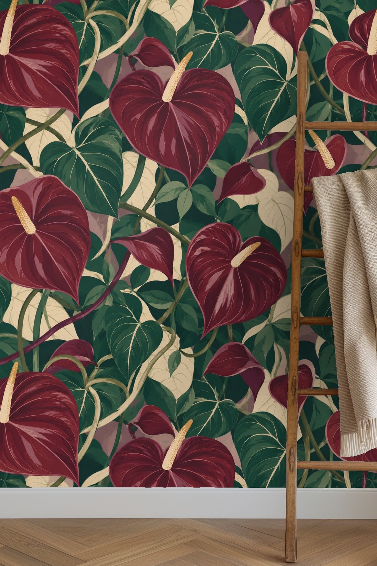 Close-up of Garnet Anthurium Maze original wallpaper artwork showing deep garnet heart-shaped flowers and lush leaves