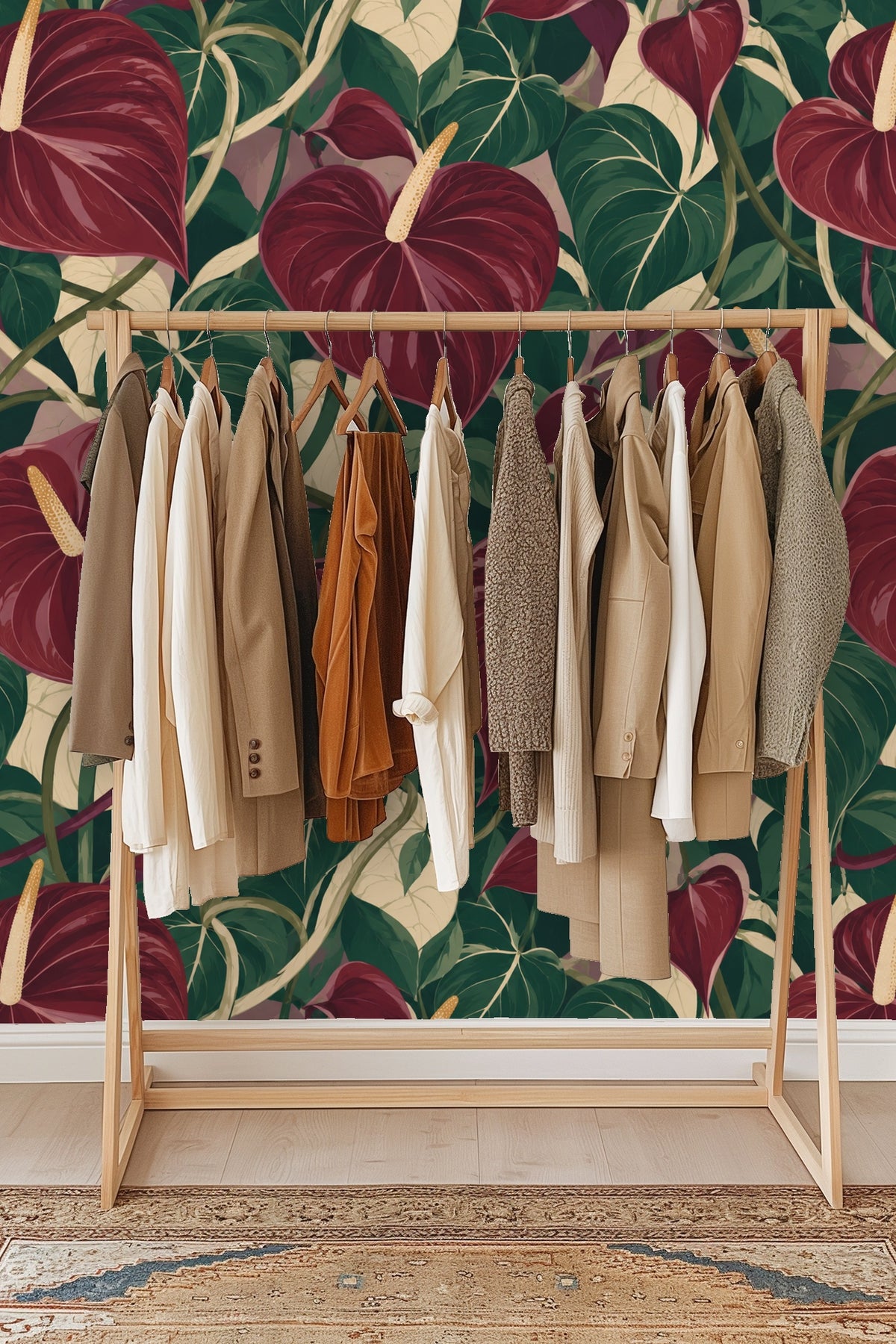 Side angle of wallpapered wall next to wooden floor and baseboard