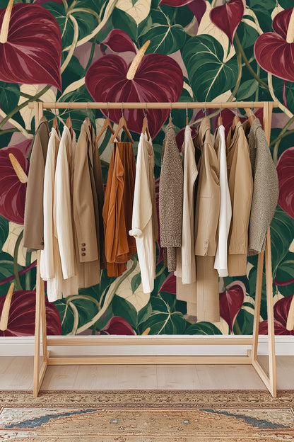 Side angle of wallpapered wall next to wooden floor and baseboard