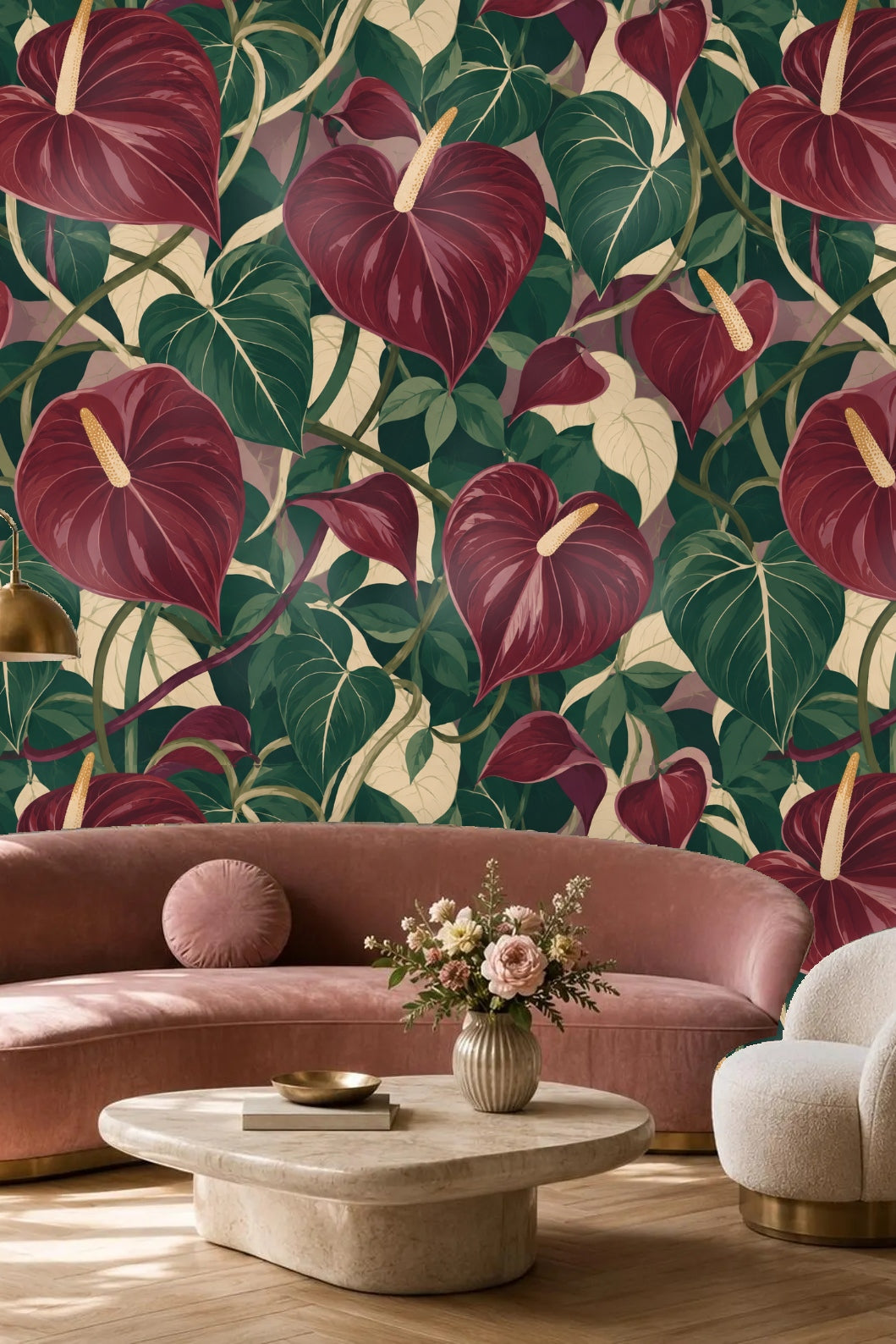 Living room wall with Garnet Anthurium Maze wallpaper and wooden ladder with blanket