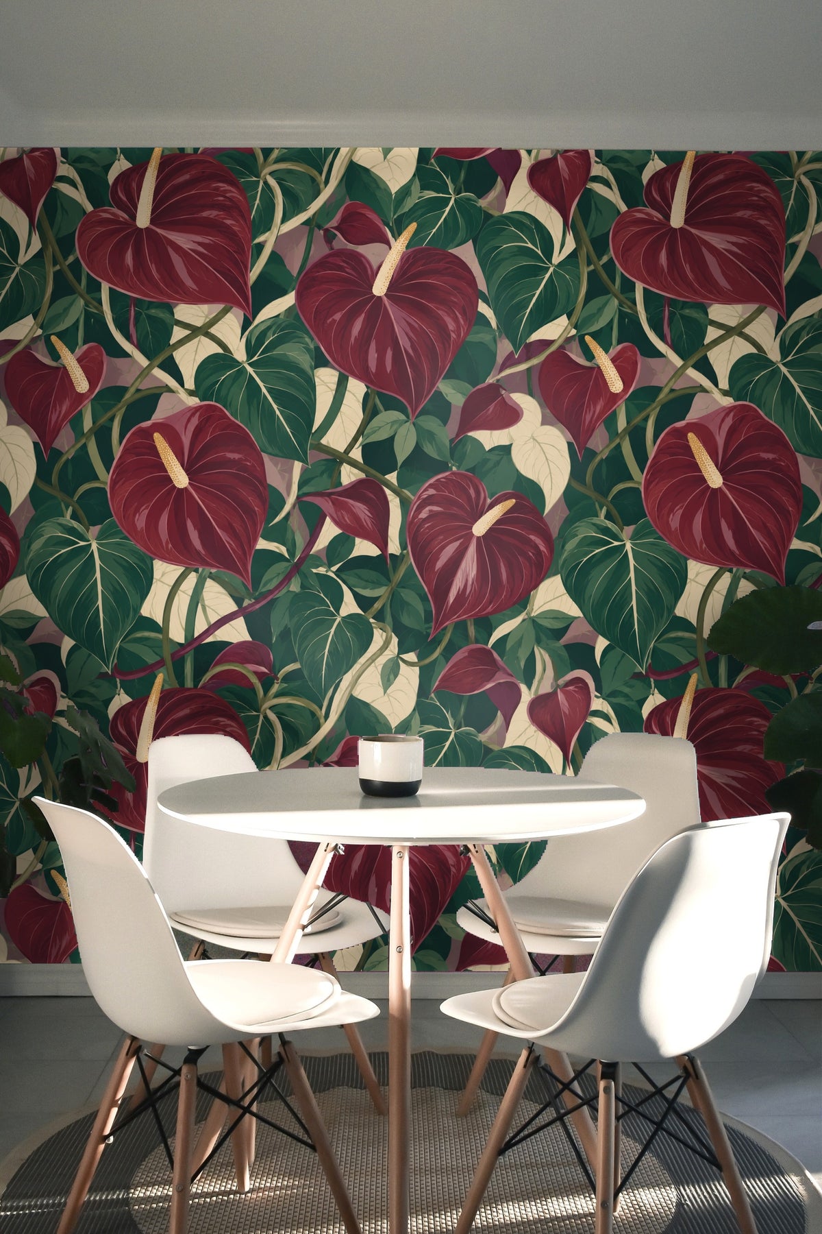 Wallpaper in room setting with neutral-toned furniture enhancing the botanical colors