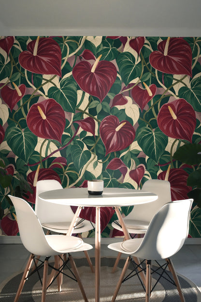 Wallpaper in room setting with neutral-toned furniture enhancing the botanical colors