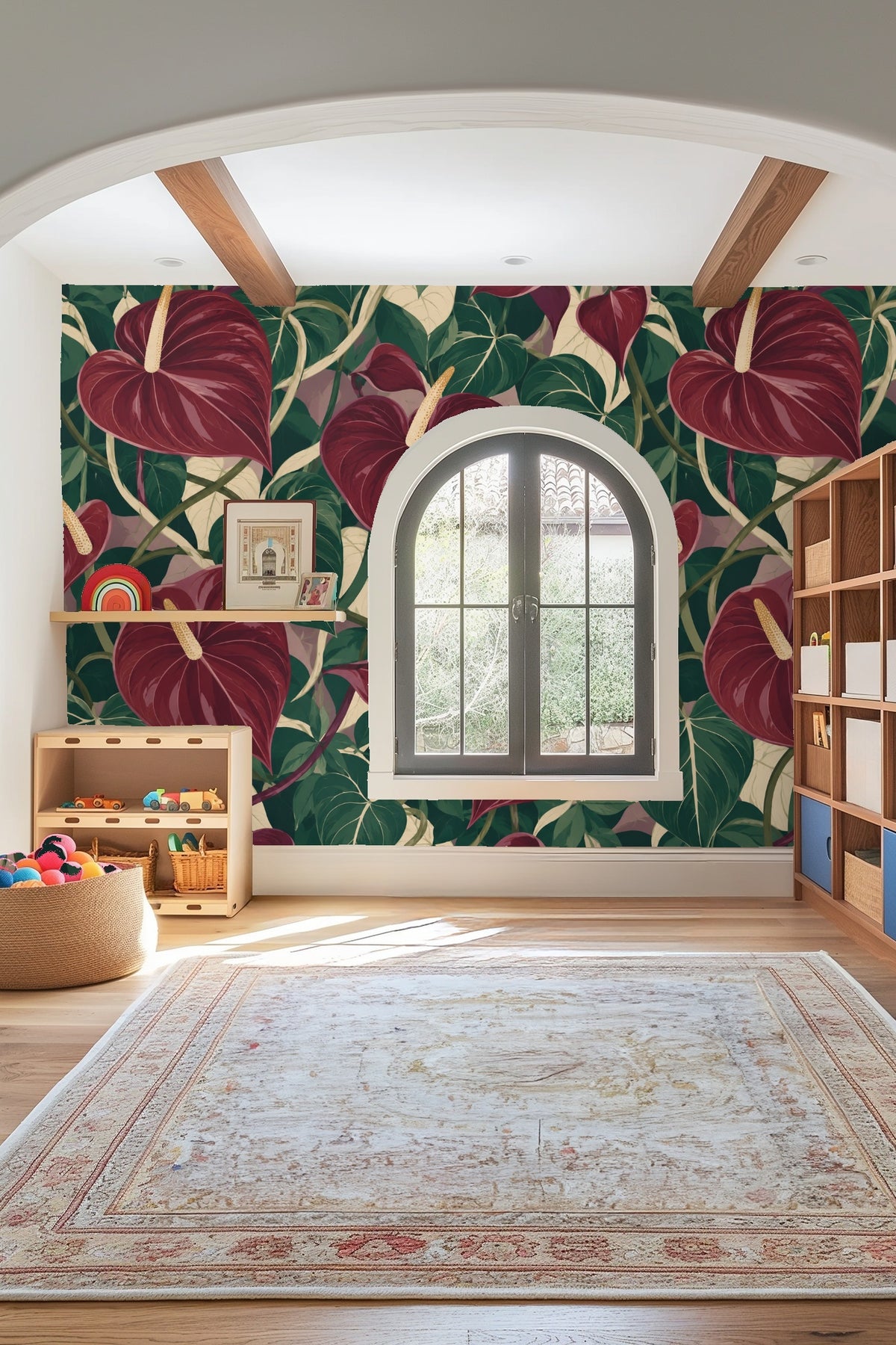 Pattern repeat showing rich burgundy anthurium with intertwined stems and foliage