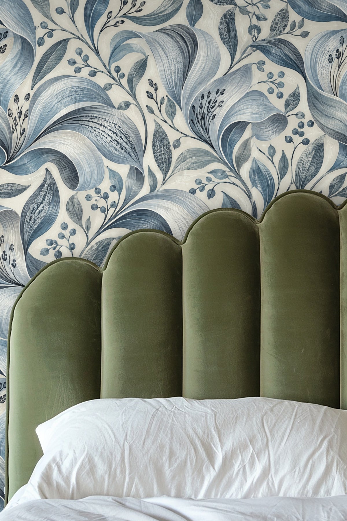 Silver Petal Ripple wallpaper original artwork showing large curling blue-gray leaves and berries on a light background