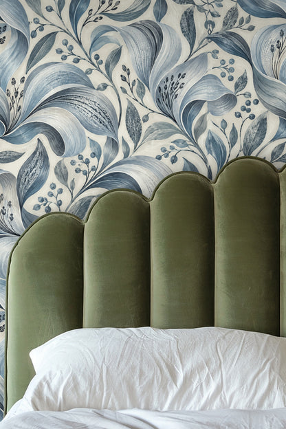 Silver Petal Ripple wallpaper original artwork showing large curling blue-gray leaves and berries on a light background