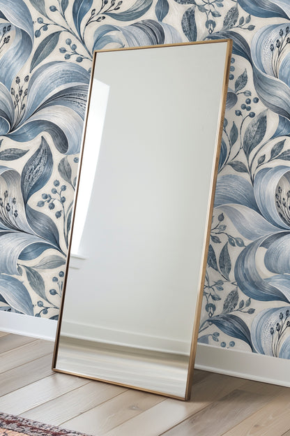 Silver Petal Ripple wallpaper rendering natural, flowing leaf shapes in ink-brush style