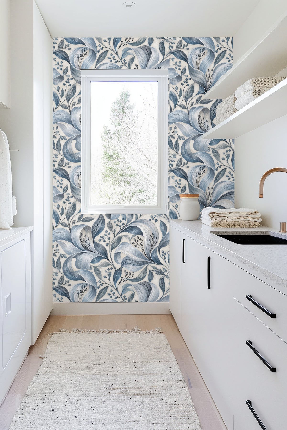 Partial wall showing scale of Silver Petal Ripple wallpaper's botanical elements