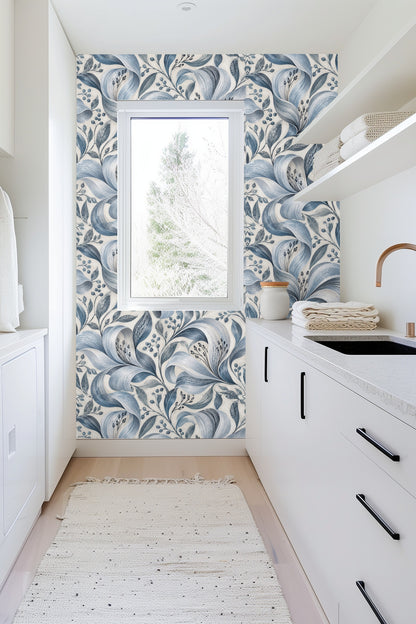 Partial wall showing scale of Silver Petal Ripple wallpaper's botanical elements
