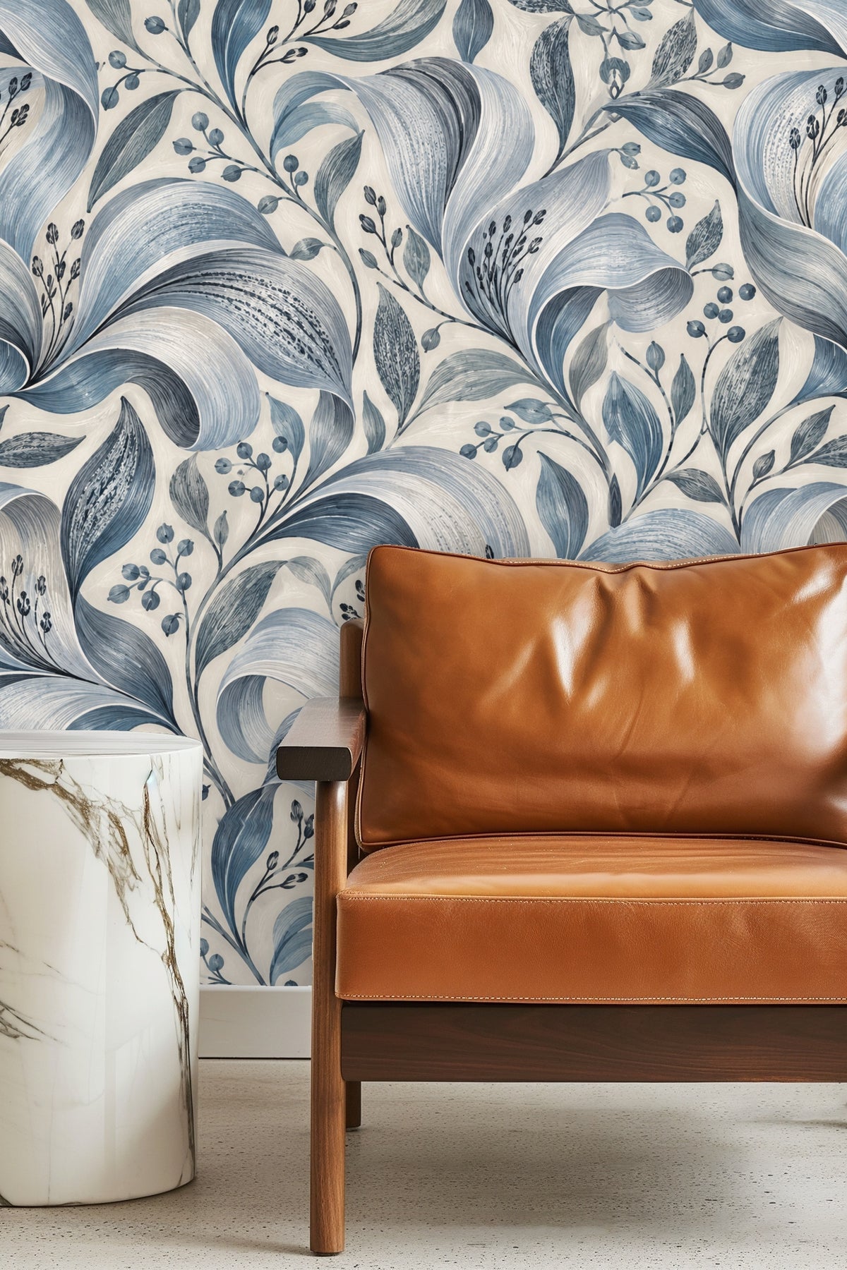 Decorative detail of intertwined leaves and stems in Silver Petal Ripple wallpaper