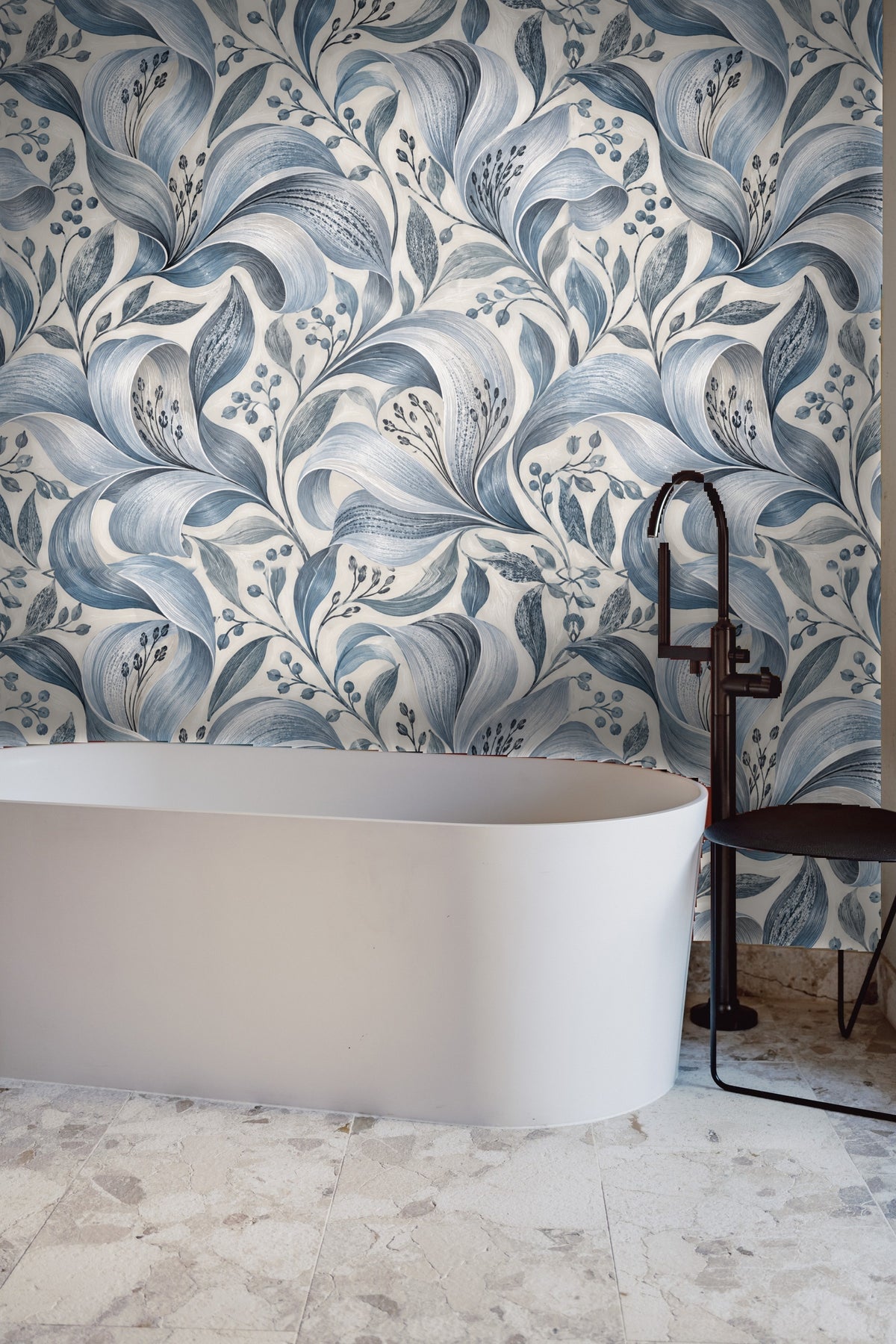 Wide shot of room featuring Silver Petal Ripple wallpaper with natural light highlighting the wall art