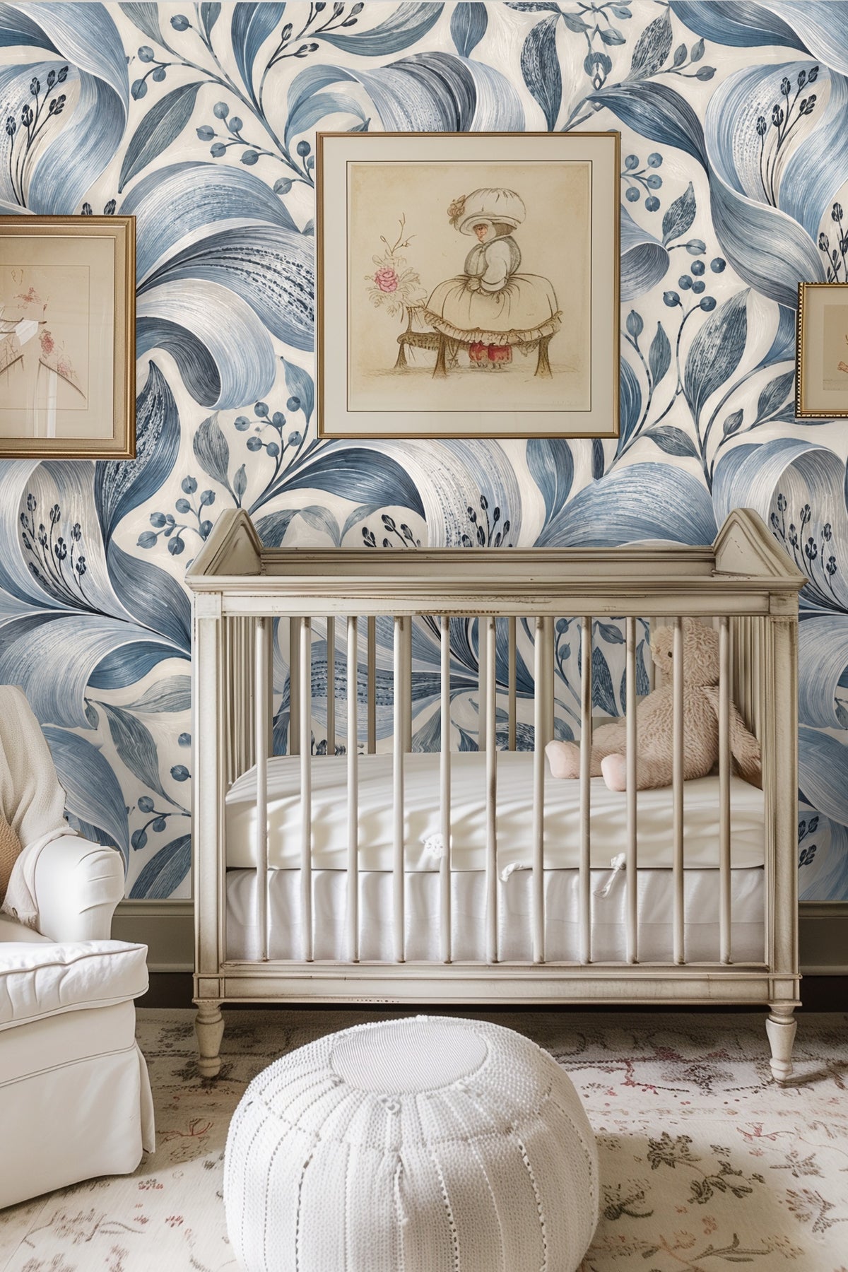 Close-up detail of Silver Petal Ripple wallpaper leaf and berry motif in nuanced blue-gray tones