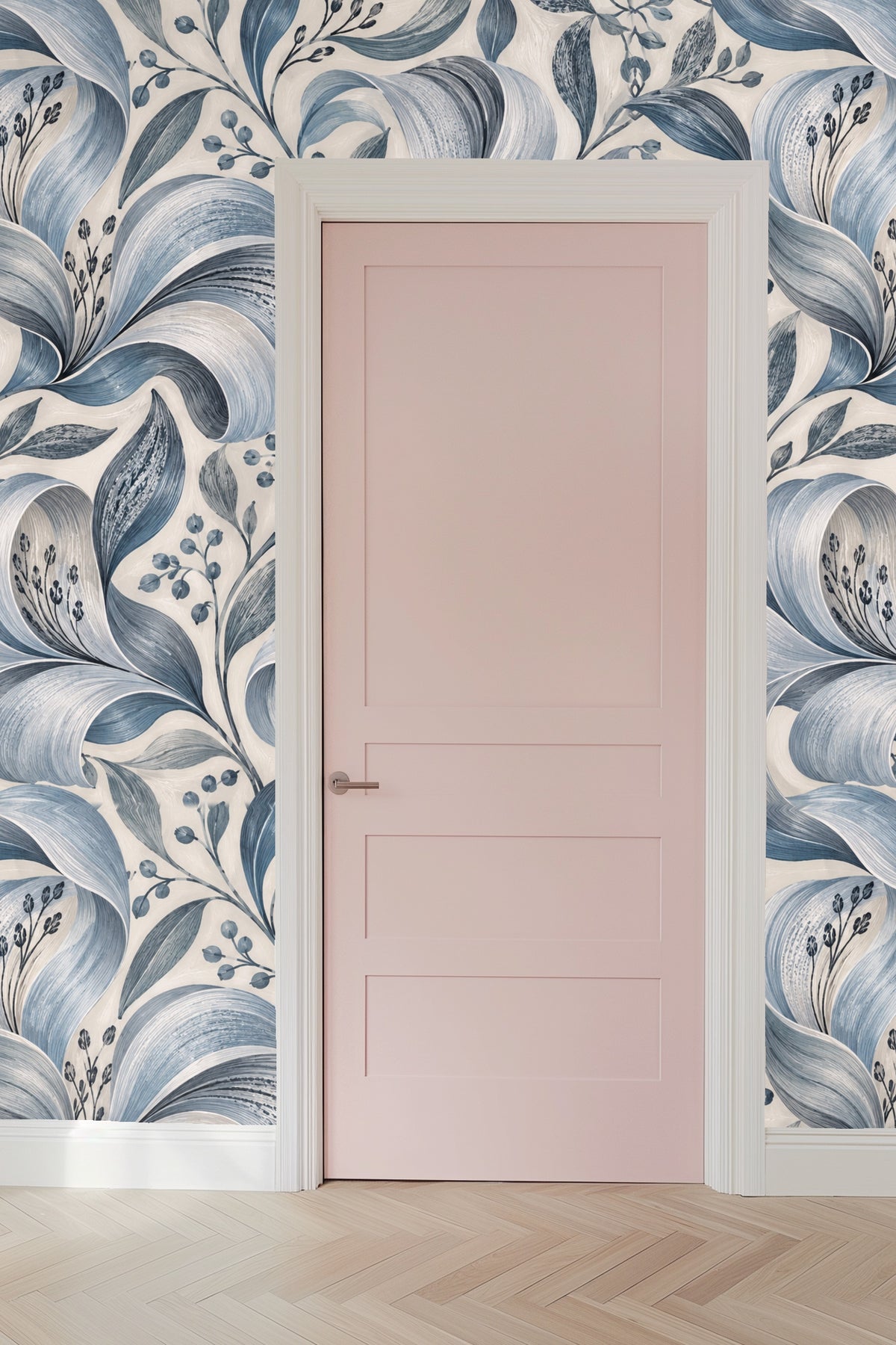 Artistic shadow play over Silver Petal Ripple wallpaper in a modern interior setting