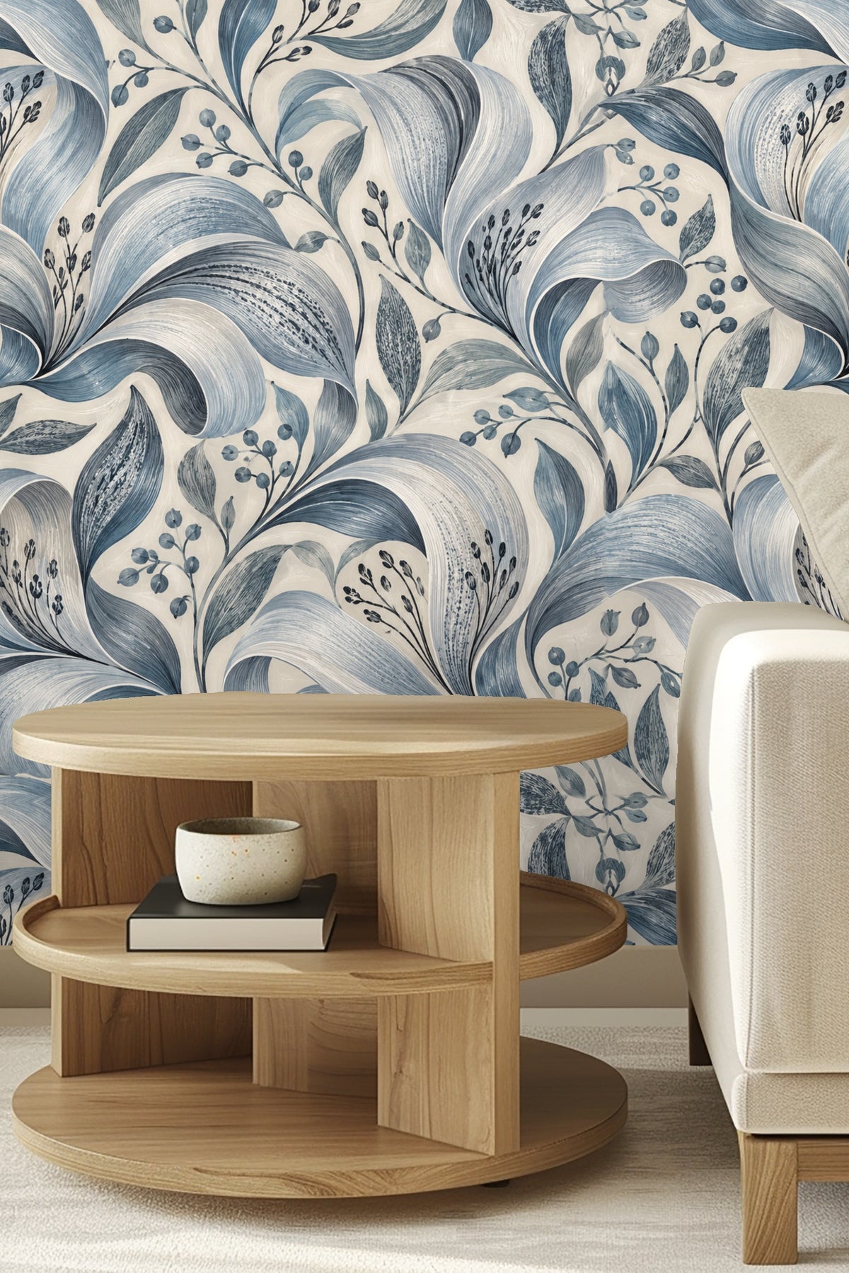 Living room view with Silver Petal Ripple wallpaper paired with orange sofa and mid-century modern furnishings