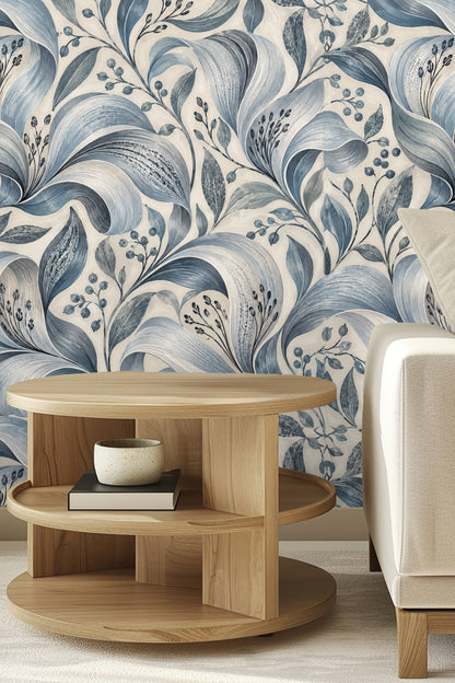 Living room view with Silver Petal Ripple wallpaper paired with orange sofa and mid-century modern furnishings