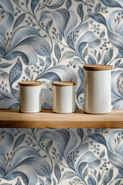 Angle showing the interplay of leaf shapes and berries in Silver Petal Ripple wallpaper