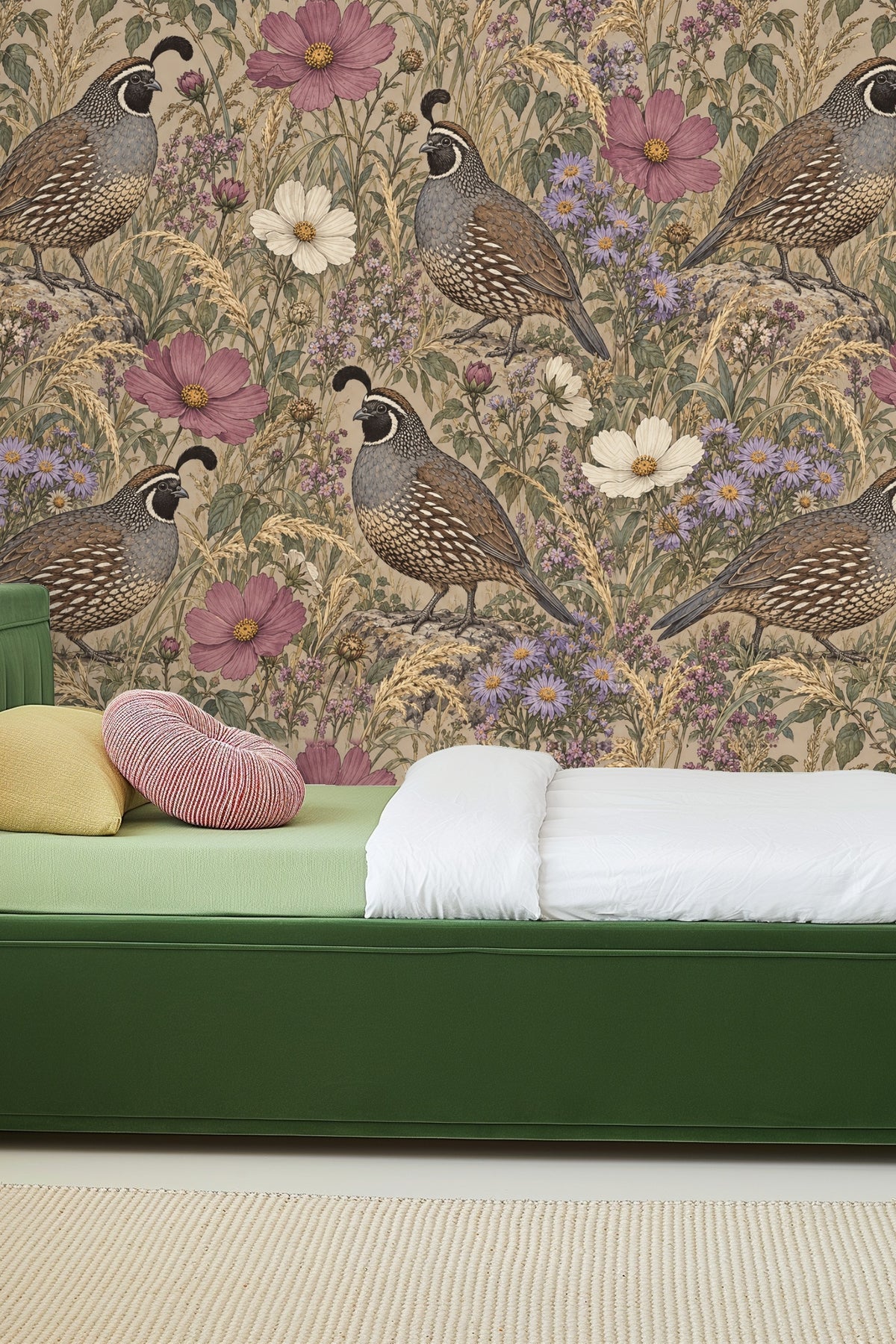 Detailed wallpaper artwork showing four quails amidst wildflowers on a taupe background