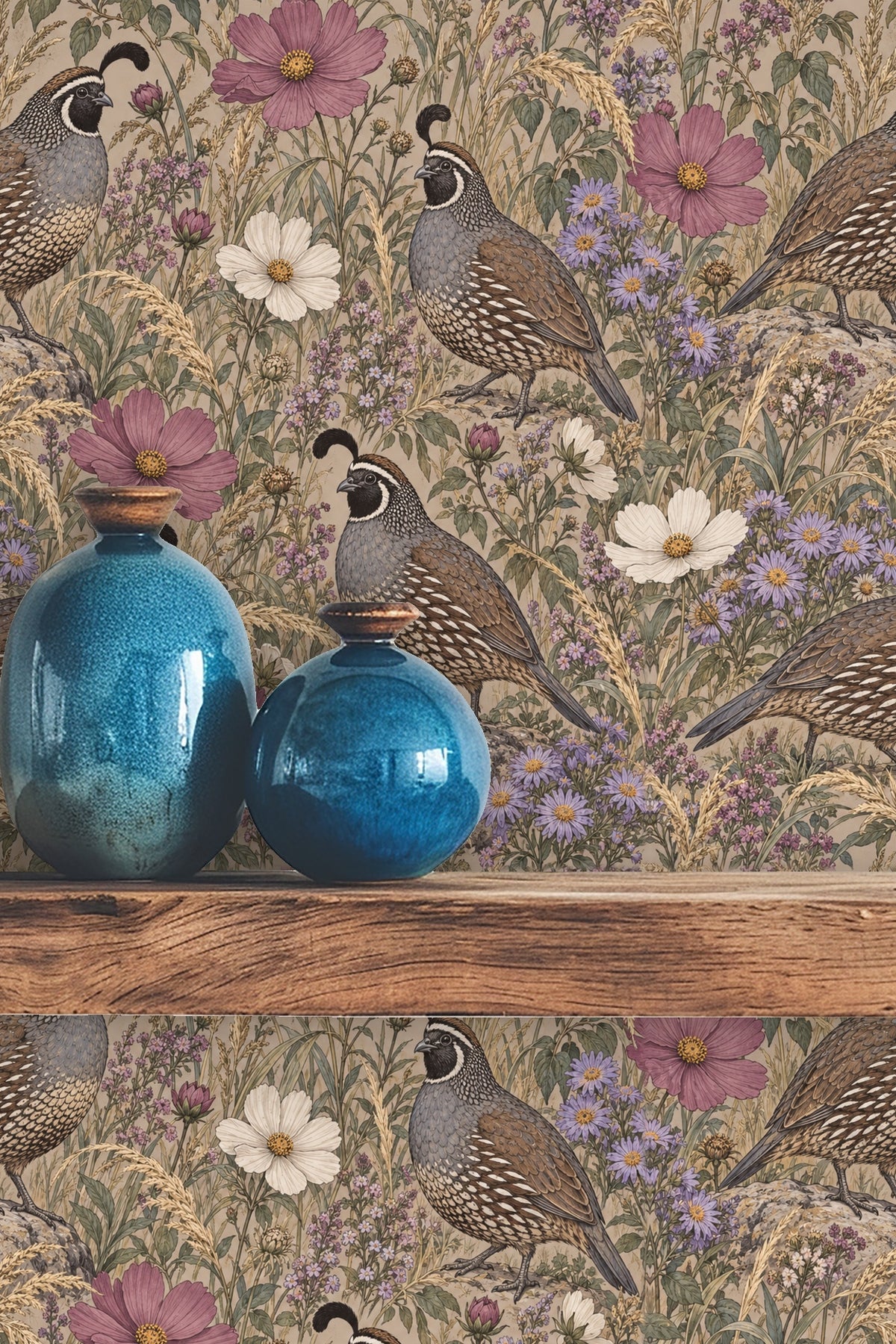 Pattern detail highlighting a single quail and nearby grasses and blooms