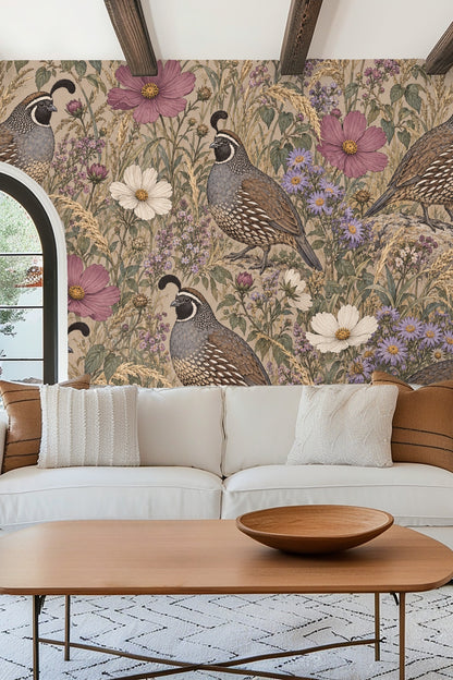 Bedroom with green bed frame and plum pillows, showcasing quail and floral wallpaper