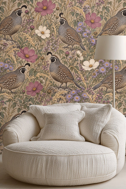 Wallpaper covering a wall behind a green upholstered bed