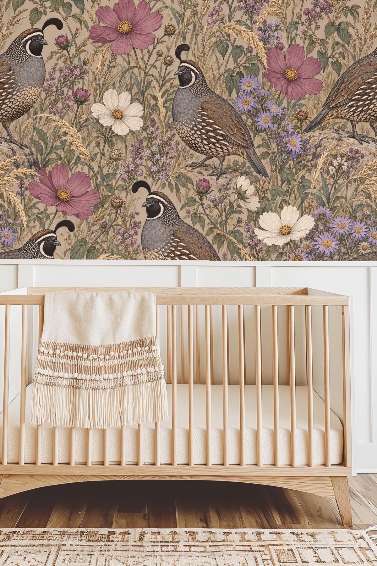 Floral elements including tiny purple blossoms and white cosmos intertwined with grasses