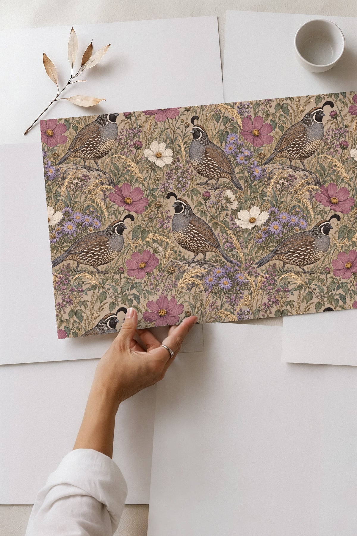 Repeat pattern showing quail heads with feather crests and surrounding flowers