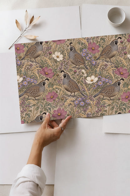 Repeat pattern showing quail heads with feather crests and surrounding flowers