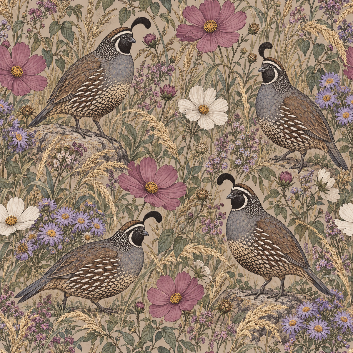 Wide shot of quail wallpaper filling a living room accent wall