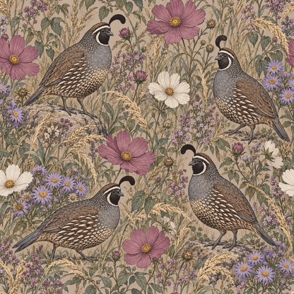 Wide shot of quail wallpaper filling a living room accent wall
