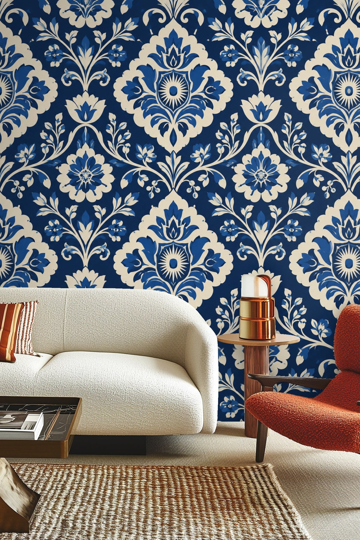 Detail of cobalt blue damask wallpaper pattern with floral motifs and curling vines.