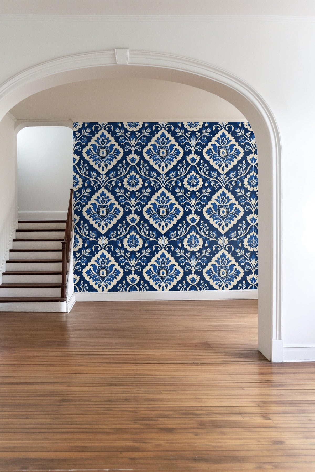 Room corner with cobalt damask wallpaper, textured rug, and modern furniture.