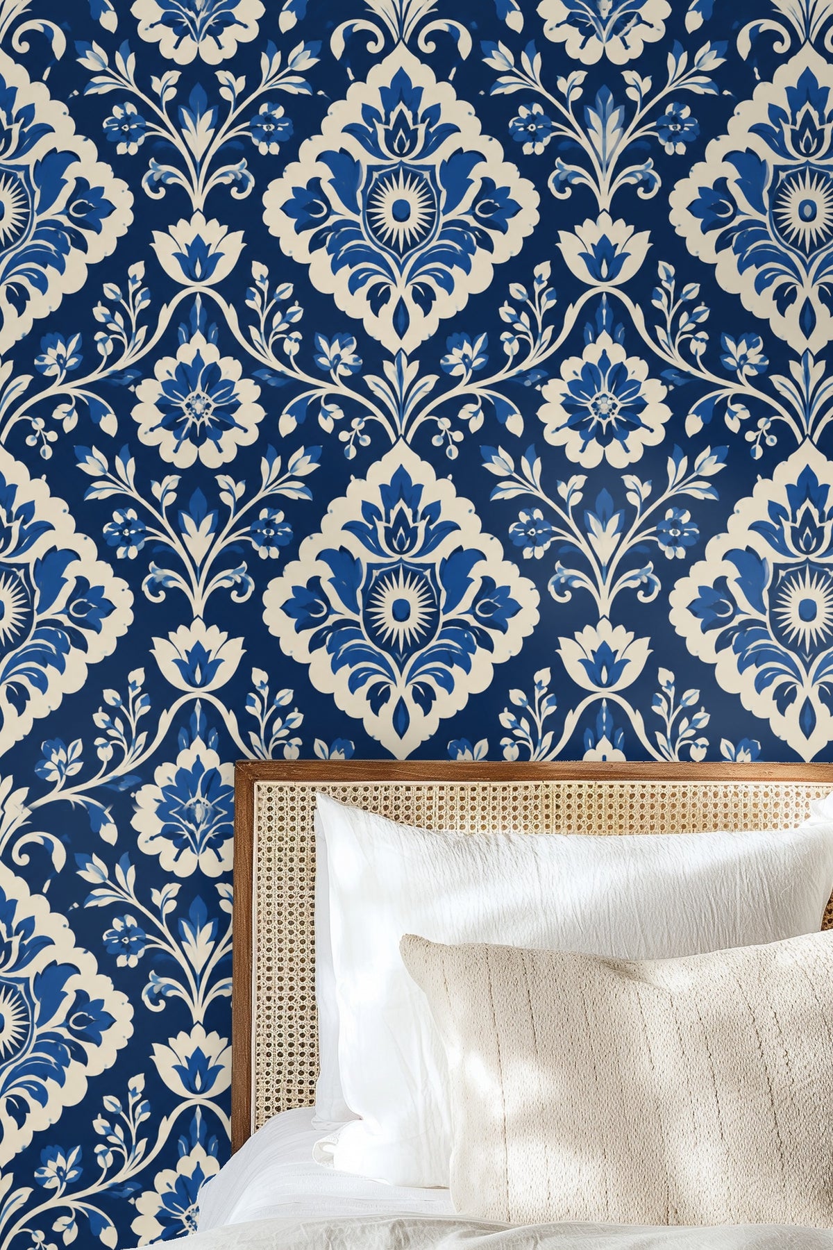 Scene with warm wood furnishings complemented by cobalt wallpaper vibrance.