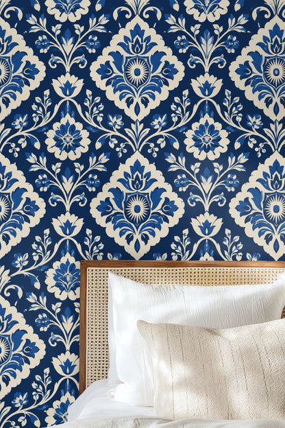 Scene with warm wood furnishings complemented by cobalt wallpaper vibrance.