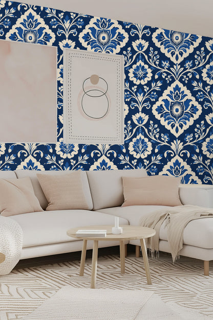Floral vines alternating with diamond-shaped medallions across the wallpaper surface.