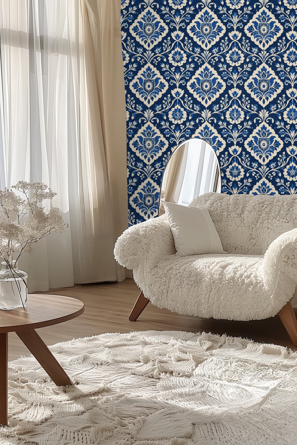 Close-up showing the hand-painted brushstroke style of floral damask elements in cobalt and cream.